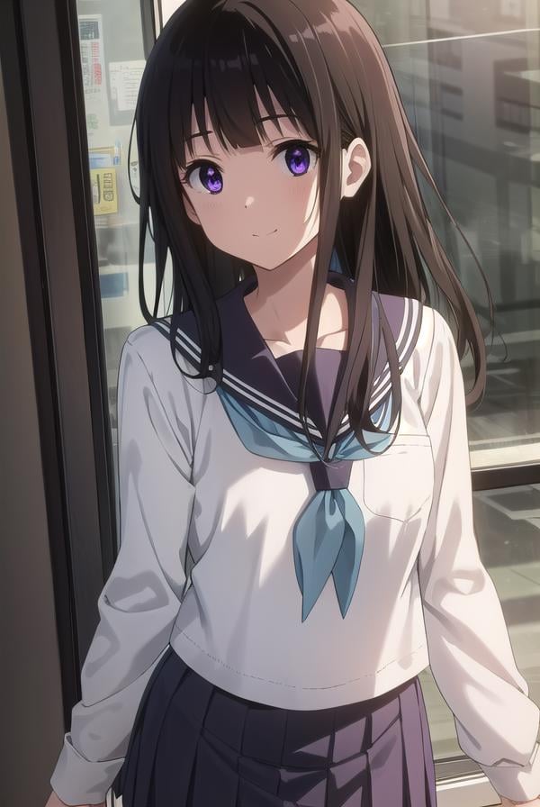 eruchitanda, <lora:eru chitanda s1-lora-nochekaiser:1>,eru chitanda, long hair, black hair, bangs, blunt bangs, (purple eyes:1.1), sidelocks, smile,BREAK skirt, school uniform, serafuku, kamiyama high school uniform \(hyouka\), black skirt, long sleeves, black sailor collar,BREAK indoors, classroom,BREAK looking at viewer, (cowboy shot:1.5),BREAK <lyco:GoodHands-beta2:1>, (masterpiece:1.2), best quality, high resolution, unity 8k wallpaper, (illustration:0.8), (beautiful detailed eyes:1.6), extremely detailed face, perfect lighting, extremely detailed CG, (perfect hands, perfect anatomy),