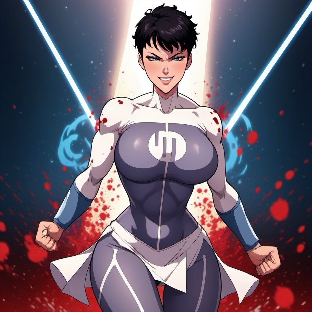 anime artwork  a (((full body))) muscular woman smiling, short dark hair, huge breast, hourglass figures,wears a futuristic white and lightblue bodysuit, white miniskirt, fighting poses, blood, bloodsplashes, space background<lora:Anissa1024:0.8>  . anime style, key visual, vibrant, studio anime,  highly detailed