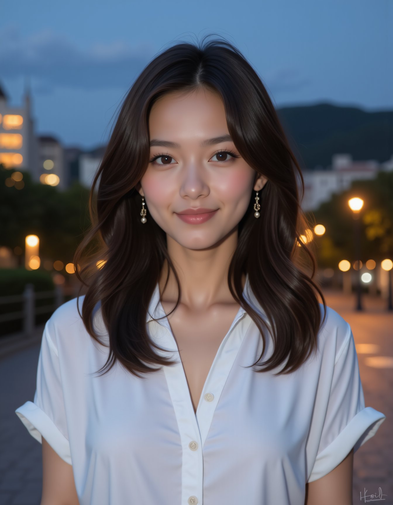 asian beauty, a woman in a white shirt posing for a picture in front of a backdrop of buildings, trees, and lights. The sky is visible at the top of the image.  <lora:lora-asian-beauty-flux:1>