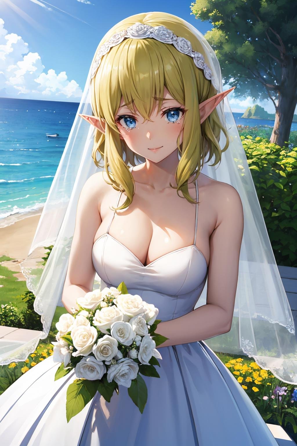 masterpiece, best quality, <lora:ryuulion-nvwls-v1-000008:0.9> ryuu, pointy ears, wedding veil, wedding dress, white dress, large breasts, holding white flowers, garden, ocean, looking at viewer, tears in eyes, smile