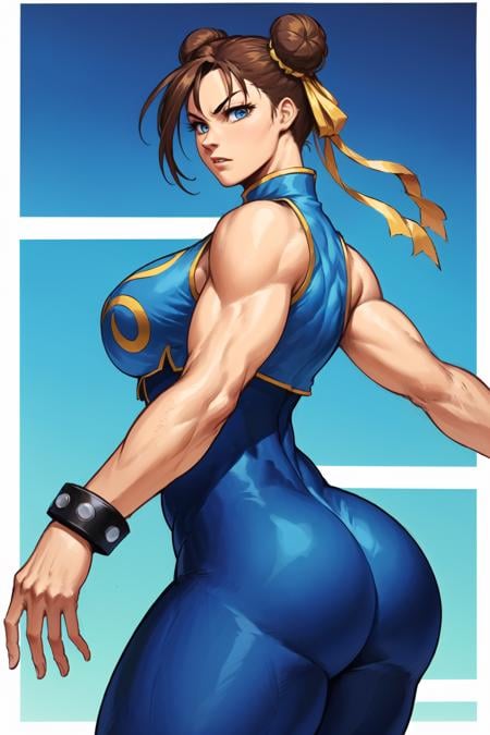 (best quality:1.2),beautiful,perfect eyes,perfect face,1girl, masterpiece, best quality, 1girl, solo, chunli_alpha, street fighter, toned, looking down, from behind,thick thighs,muscular ass,double bun, yellow ribbon, muscular female, unitard, blue vest, blue pants, bare shoulders, <lora:Sotchosis-000018:0.7>, standing, chinese background, <lora:Chun-Li_v2.0:0.3> <lyco:GoodHands-beta2:1.0>