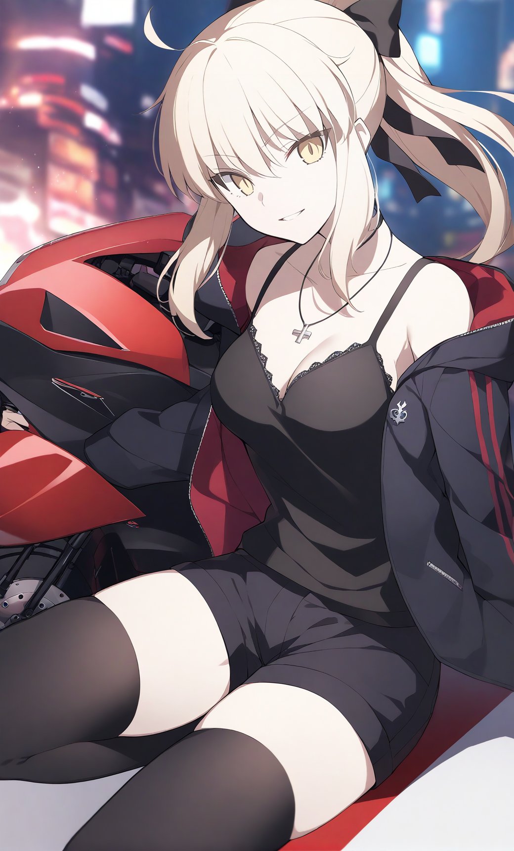 artoria_pendragon_(fate) saber_alter saber_alter_(ver._shinjuku_1999)_(fate) 1girl black_camisole black_jacket black_ribbon black_shorts black_thighhighs blonde_hair breasts camisole cleavage collarbone hair_ribbon jacket jewelry long_hair long_sleeves looking_at_viewer low_ponytail medium_breasts motor_vehicle motorcycle necklace open_clothes open_jacket parted_lips ribbon short_shorts shorts sidelocks smile solo thighhighs thighs yellow_eyes flat_coating clear_color highres absurdres best_quality