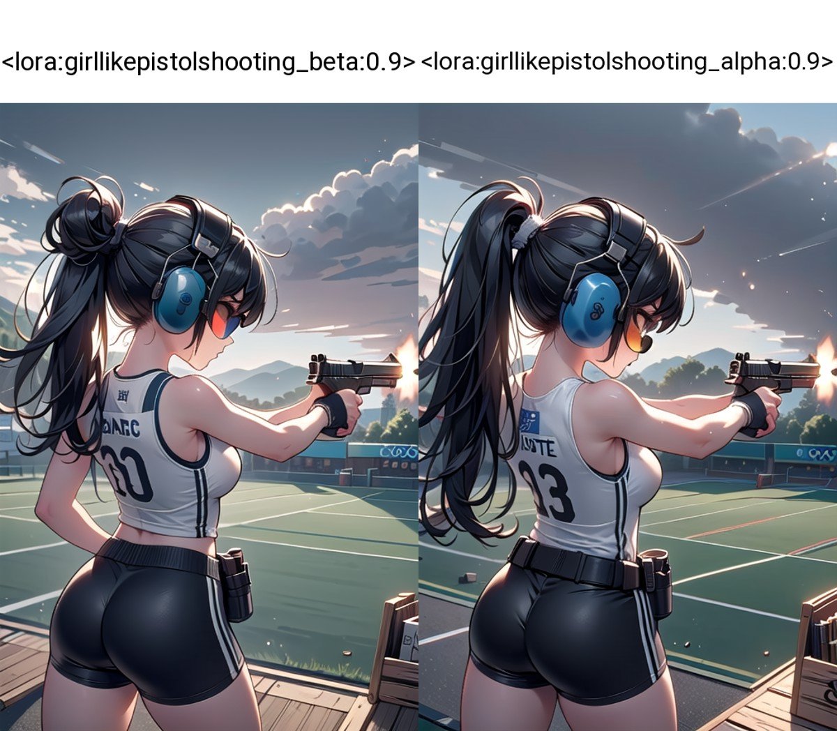 ((pistol shooting)), ((firing range)), (holding air handgun), muzzle flash, aiming at viewer and target, player uniform, sleeveless, sports shorts, ear defenders, fingerless gloves, olympic games venue, wind, steam, sweat, shadow, 1girl, black hair, updo, big tits, from behind, pov, standing, ((tinted eyewear)), <lora:girllikepistolshooting_beta:0.9>