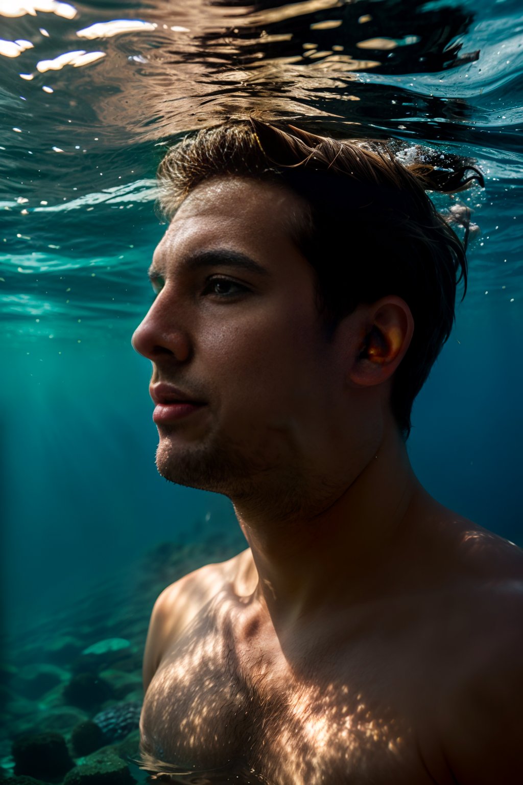 portrait photo of man, underwater shot, volumetric light