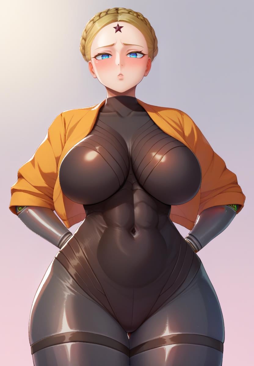 score_9, score_8_up, score_7_up, score_9,4k, HD, 8k, highres, antialiasing, texture, BREAK   <lora:thetwins:1> TheTwinsSDXL, 1girl, looking at viewer, blush, short hair, blue eyes, blonde hair, large breasts, jacket,  braid, thighs, bodysuit, covered navel, thick thighs, breast press, skin tight, mechanical arms, cyborg