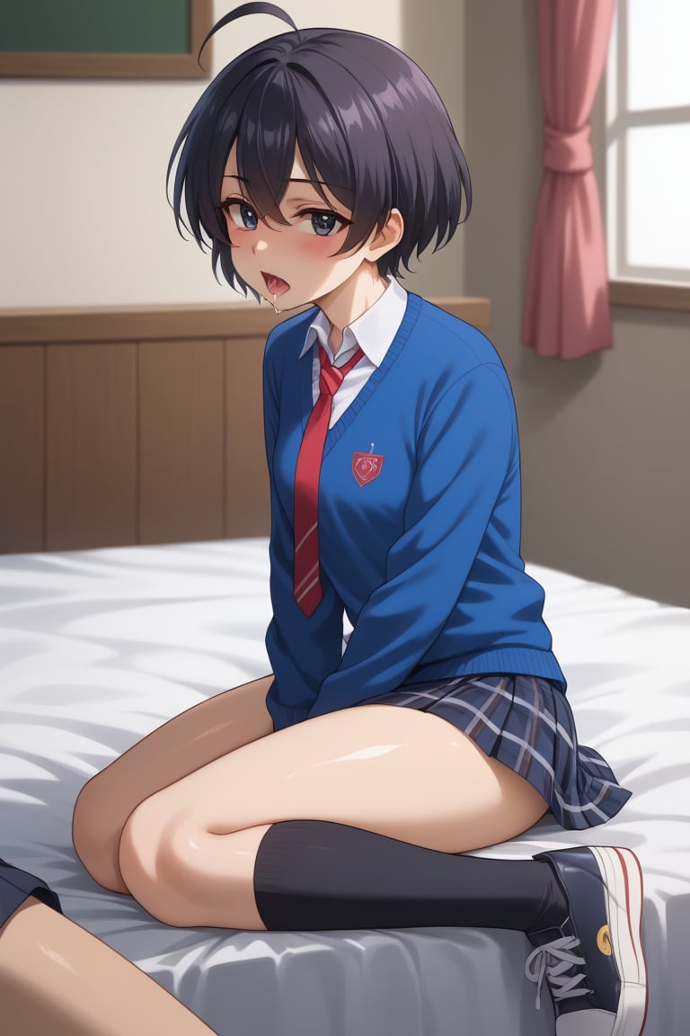 Highly detailed, High Quality, masterpiece, beautiful, 1girl, solo, (feminine focus, young woman, 16 years old), niki ookuma, short hair, black hair, ahoge, (black eyes), mini skirt, school uniform, necktie, shoes, socks, (white_blouse, tie inside sweatshirt, skyblue sweater), plaid skirt, black socks, sneakers, sitting in bed, looking_at_viewer, open_mouth, blush, sweat, saliva, drooling, heart in eyes, (1boy, blowjob), side_view<lora:EMS-409892-EMS:0.800000>