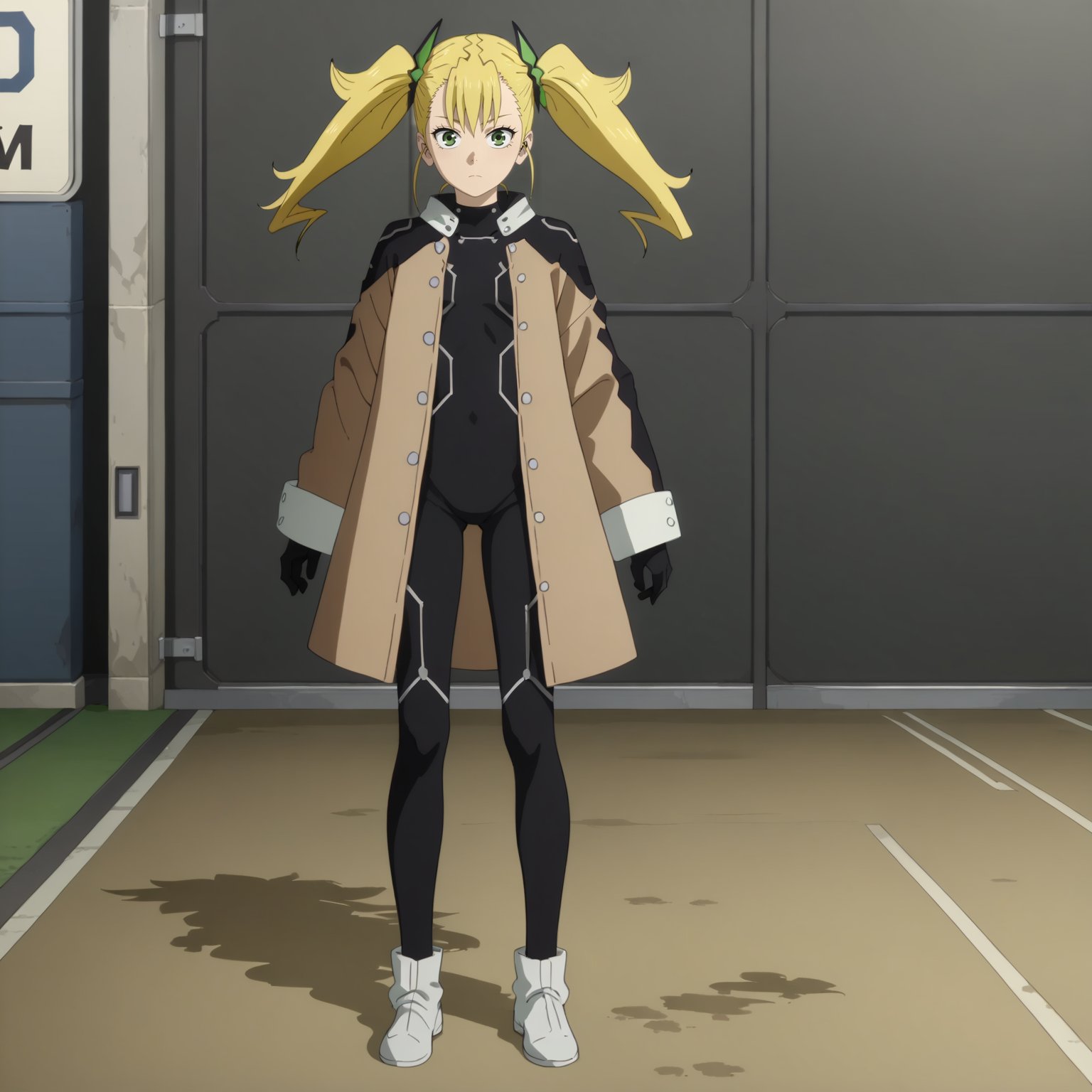 <lora:KikoruShinomiyaXLpony001>,solo,KikoruShinomiya,1girl,blonde hair,twintails,green eyes,coat,black body suit,full body,standing,