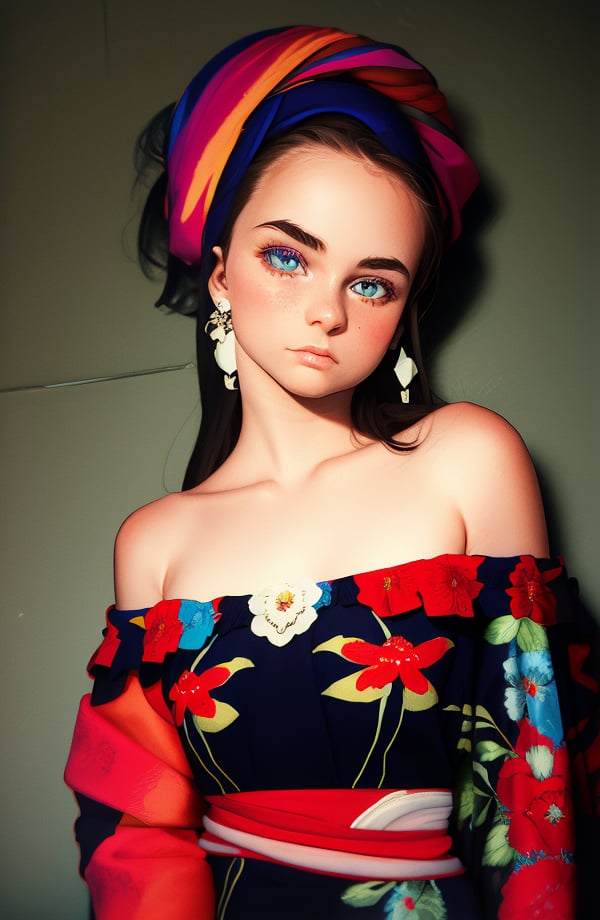 photorealistic, upper body, stand, 1girl 17 year-old, thick eyebrows, earrings, (Turbant:1.2), super detailed skin texture, looking at viewer, black hair, off shoulder floral dress bright and very colorful, silver blue,  photo studio, dark simple blurred background, perfectly illumination,<lora:detail_slider_v4:1> <lora:flashphoto:1> <lora:InstantPhotoX3:0.3> <lora:Turbant:1> <lora:NightphotoV1-0:0.3>