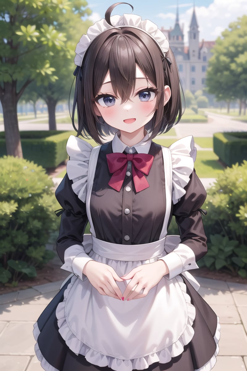 insanely detailed, absurdres, ultra-highres, ultra-detailed, best quality,1girl, solo, nice hands, perfect handsBREAK(cleavage:-1.5),(traditional maid:1.2),apron, blush, bow, bowtie, frilled apron, frills, long sleeves, maid, maid apron, maid headdress, waist apron, white apron,(maid costume, maid hair dress:1.3), long skirtBREAKhappy smile, laugh, open mouthBREAKstanding, cowboy shot, looking at viewerBREAKslender, kawaii, perfect symmetrical face, ultra cute girl, ultra cute face, ultra detailed eyes, ultra detailed hair, ultra cute, ultra beautifulBREAKfantasy world, garden of a castle, depth of field, ultra detailed backgroundBREAKmedium breastsBREAKblack brown hair, black eyes, short bob cut, hair between eyes, ahoge