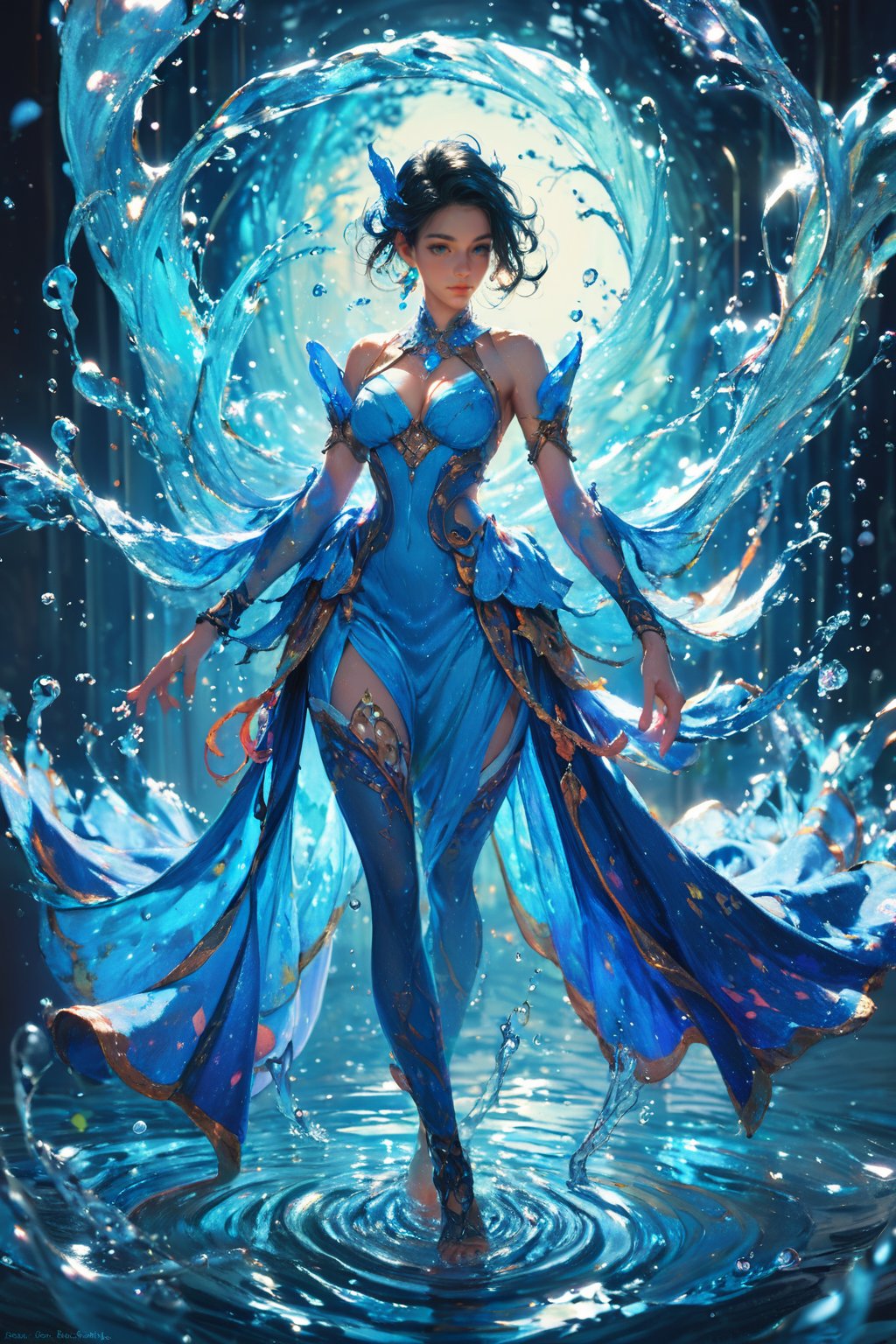 score_9, score_8_up, score_7_up, ethereal, fantasy, surrounded by water splashes, dramatic lighting, dramatic and mystical mood, intricate blue costume, serene expression, water droplets, vibrant and dynamic composition., <lora:yushui-pony:0.6>, full body, 