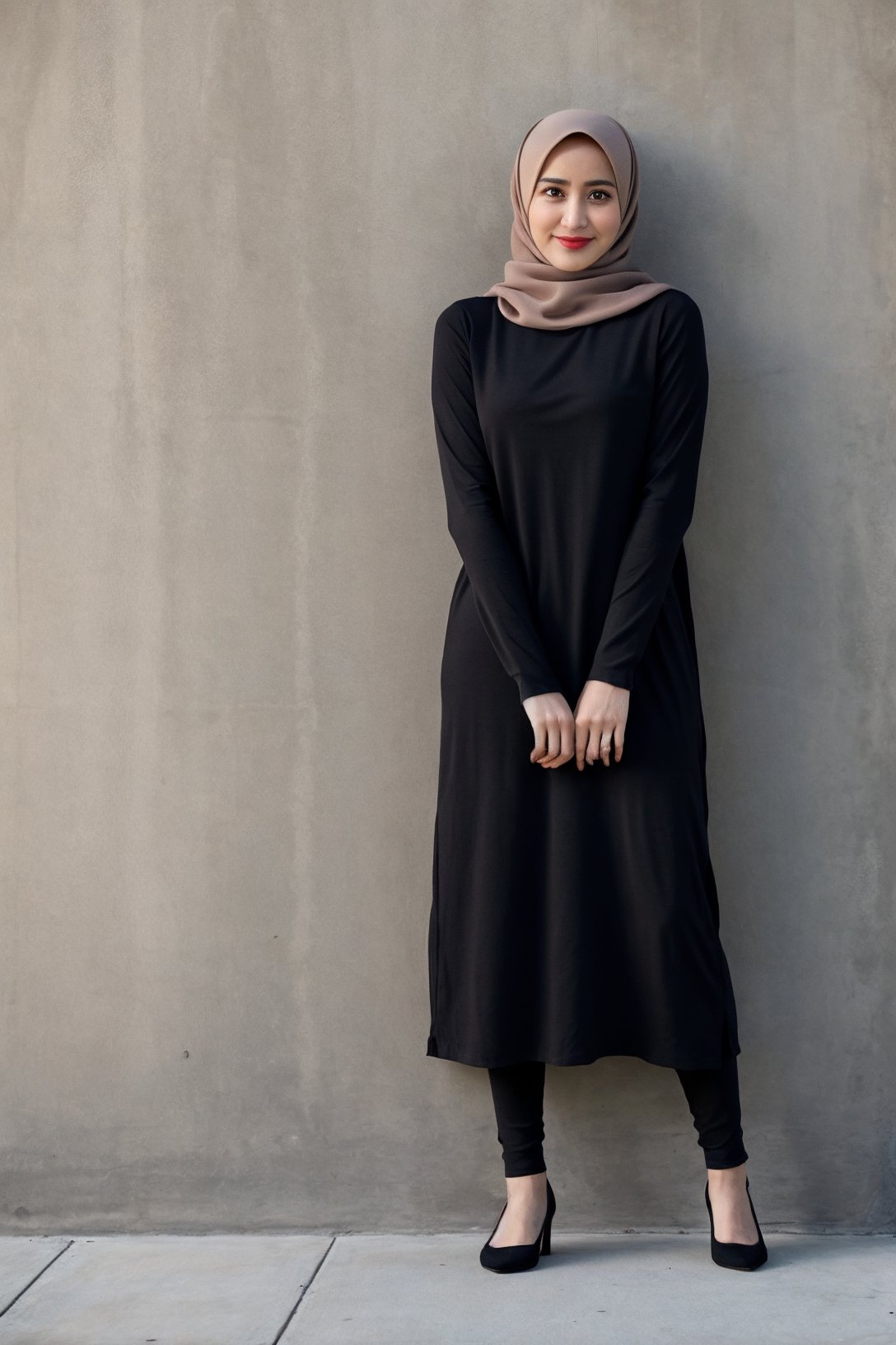 1girl, hijab, hijabindox, beige and black dress, legging, super realistic 3/4 shot,   <lora:hijabindox:1>