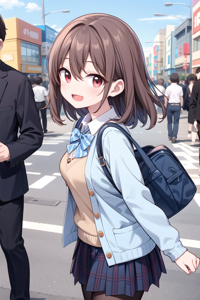 insanely detailed, absurdres, ultra-highres, ultra-detailed, best quality,1girl, solo, nice hands, perfect handsBREAK(School Uniforms:1.2), (pastel blue cardigan is fit body:1.4), ((do up a buttons, not loose):1.5), ((long sleeve, sleeves past wrists):1.2), (inner wear is white collared-shirt:1.3), (blue plaid-pattern bow:1.3), (blue plaid-pattern pleated skirt:1.3), ((dark-brown pantyhose, loafers):1.2), BREAK (nsfw:-1.5)BREAKhappy smile, laugh, open mouthBREAKfrom side,standing, cowboy shot, looking at viewerBREAKslender, kawaii, perfect symmetrical face, ultra cute girl, ultra cute face, ultra detailed eyes, ultra detailed hair, ultra cute, ultra beautifulBREAKshibuya, akihabara, tokyo, street, crowd, cityscape, depth of field, ultra detailed backgroundBREAKmedium breastsBREAKbrown hair, red eyes, medium long hair, bob with bangs, hair between eyes