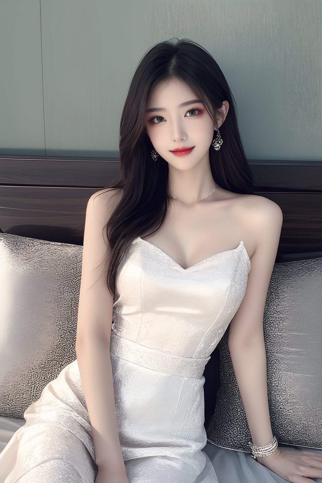 1girl, black hair, bracelet, dress, green eyes, lips, long hair, looking at viewer, pillow, realistic, sitting, smile, solo, watch, white dress, wristband, wristwatch  <lora:1.0:0.8>