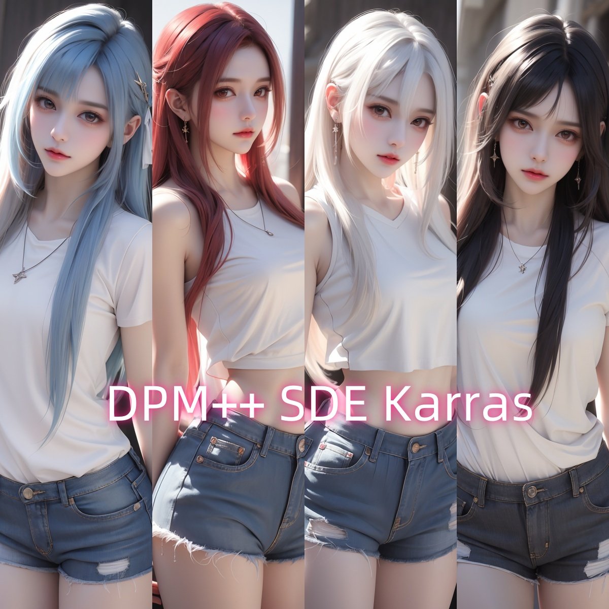 (blue hair:1.5),pink eyes,t-shirt,denim_shorts,<lora:脸17:0.75>, (raw photo:1.2),((photorealistic:1.4))best quality,masterpiece,illustration,an extremely delicate and beautiful,extremely detailed,CG,unity,8k wallpaper,Amazing,finely detail,masterpiece,best quality,official art,extremely detailed CG unity 8k wallpaper,absurdres,incredibly absurdres,huge filesize,ultra-detailed,highres,extremely detailed,beautiful detailed girl,cinematic lighting,1girl,pale skin,tall female,(perfect body shape),skinny body,Slender legs,