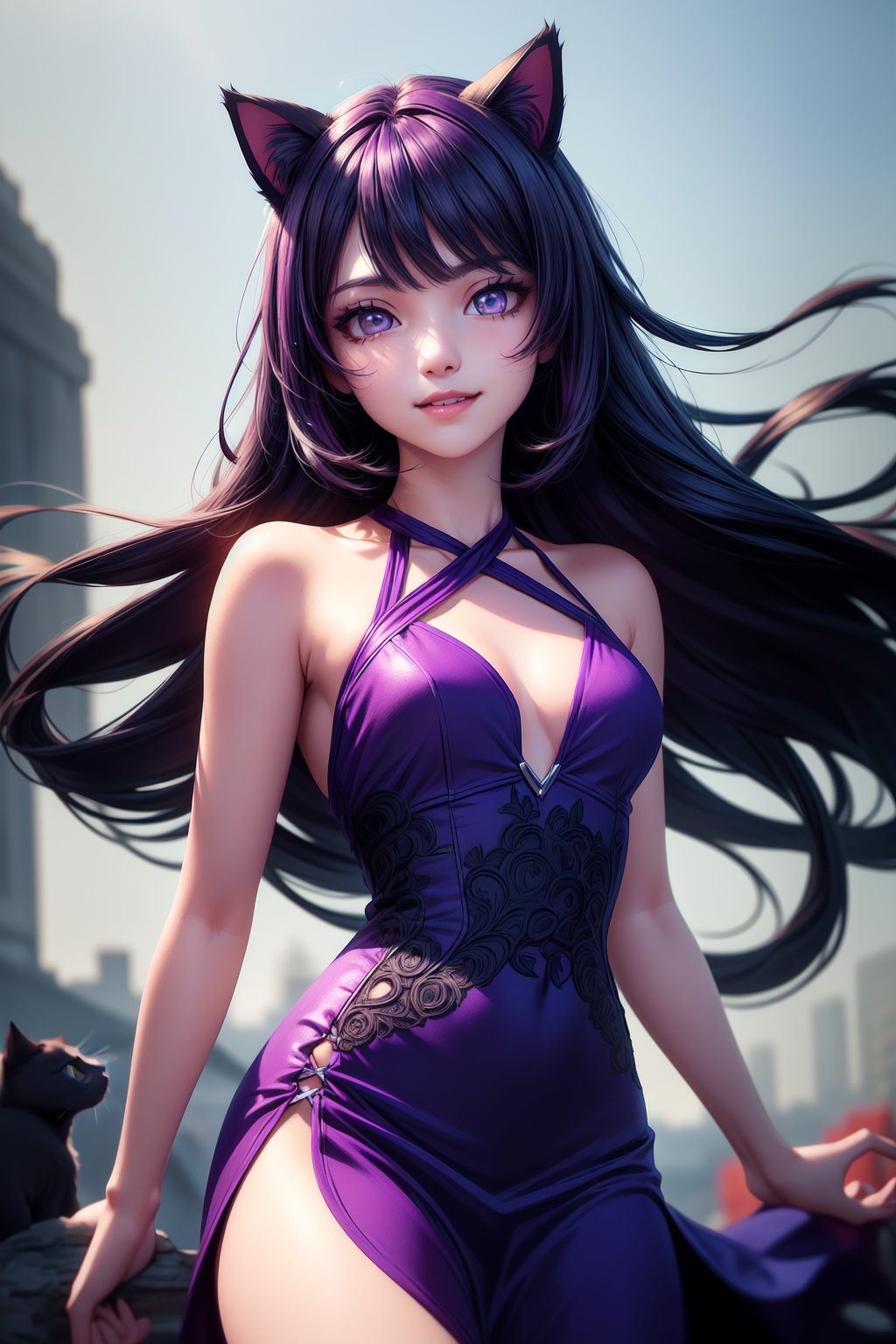 1 cute girl, 18yo, most beautiful, cute, (gorgeous face), eyeliner, ((extreme long hair)), ((dark violet hair and cat ears)), ((hair blows in the wind)), (pink eyes), slim waist, narrow shoulders, short torso, soft thighs, short face, (happy smile), ((medium small round breasts)), (beautiful detailed eyes), reflections in eyes, symmetrical eyes, (beautifully detailed face), detailed lips:1, detailed iris,  (((dark blue and silver criss cross halter dress), perfect beautiful detailed dress ((fantasy world)), beautiful detailed background,  absurdres,  portrait,(masterpiece:1.2), (best quality:1.2), newest, ai-generated, ultra-detailed, best shadow, detailed background, high contrast, (best illumination, an extremely delicate and beautiful), ((cinematic light)), hyper detail, dramatic light, intricate details, 8k, anime, very aesthetic<lora:more_details:0.5>