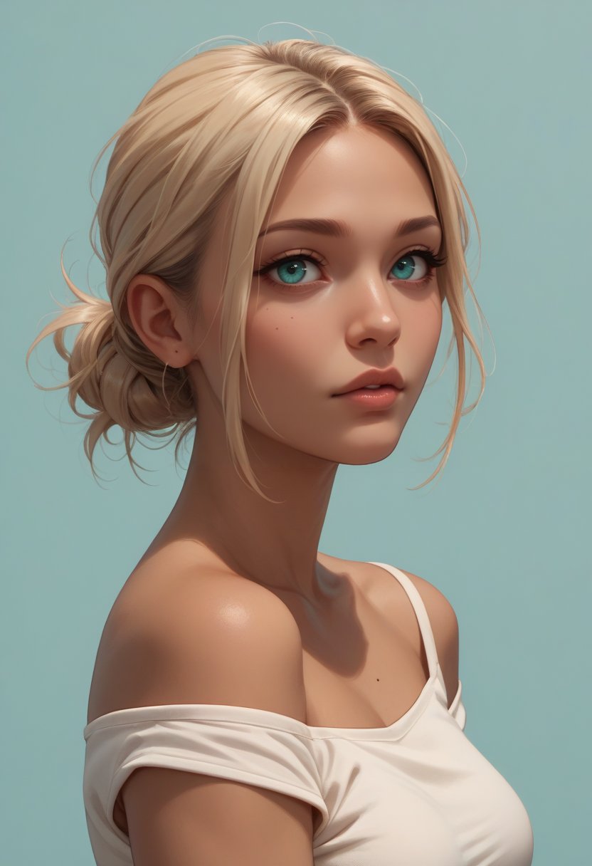 score_9, score_8_up, score_7_up, score_6_up, score_5_up, score_4_up, 1girl, brown skin, medium breasts , lips, half-up half-down hairstyle hair, light blonde hair, turquoise eyes, wearingpullover , upper body, simple background, 