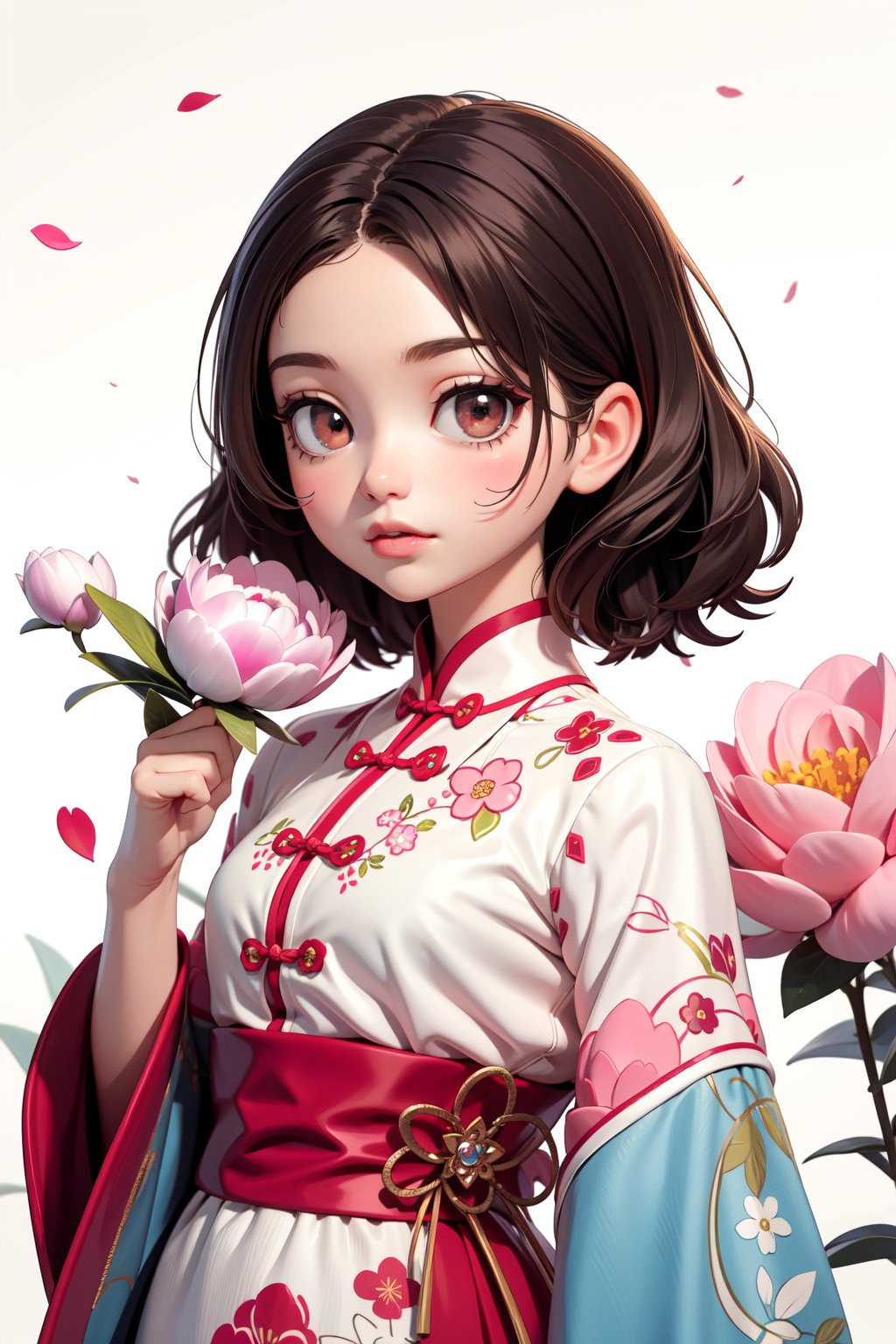 1girl,solo, an animated character with brown hair and large, expressive eyes. She is surrounded by peonies, wearing a traditional Chinese blouse with intricate designs. The overall tone of the image is soft and pastel, with a touch of elegance, masterpiece,best quality,very aesthetic,absurdres,