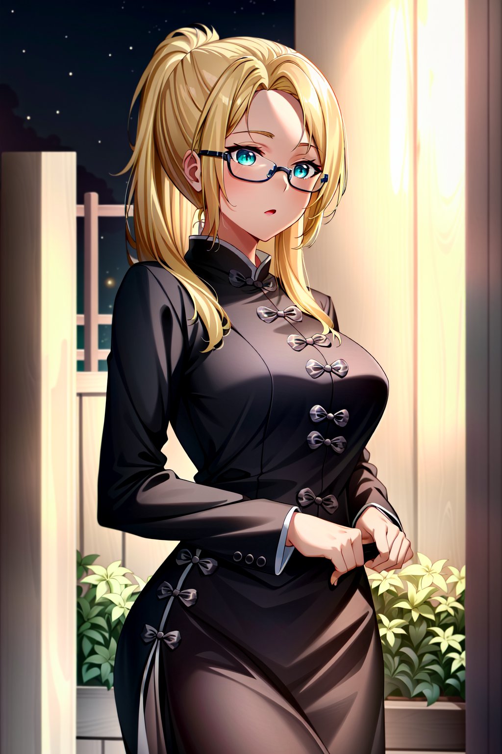 (extremely detailed CG unity 4k wallpaper),(masterpiece),(best quality),(ultra-detailed),(best illustration),(best shadow),(absurdres),(detailed background), <lora:OGT_Ashe-v2:0.6> Ashe, 1girl, solo, blonde hair, glasses, long hair, ponytail, dark skin, green eyes, dark-skinned female, outdoors, night sky, standing, chinese clothing, purple chinese dress, purple qipao, upper body