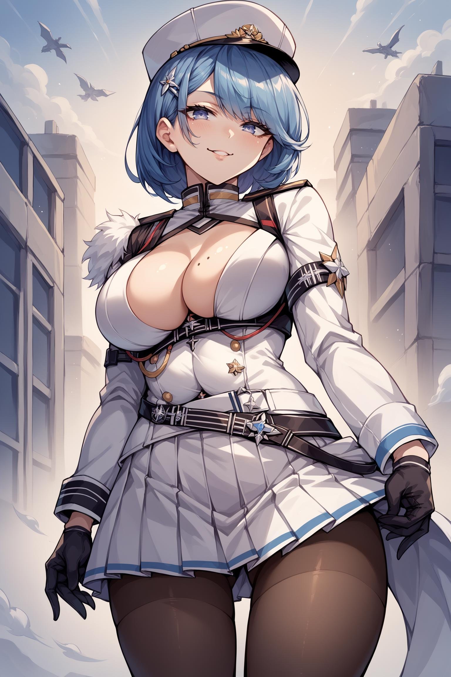 score_9, score_8_up, score_7_up, , rating_general,1girl ,cpysd, short hair,  military hat, hairclip, mole on breast, fur-trimmed jacket, cleavage cutout, armband, military uniform, aiguillette, black gloves, belt, pleated skirt, pantyhose, source_anime, naughty face,  cowboy shot,   <lora:ChapayevPDCAMEv1.4 AL-000008:1>