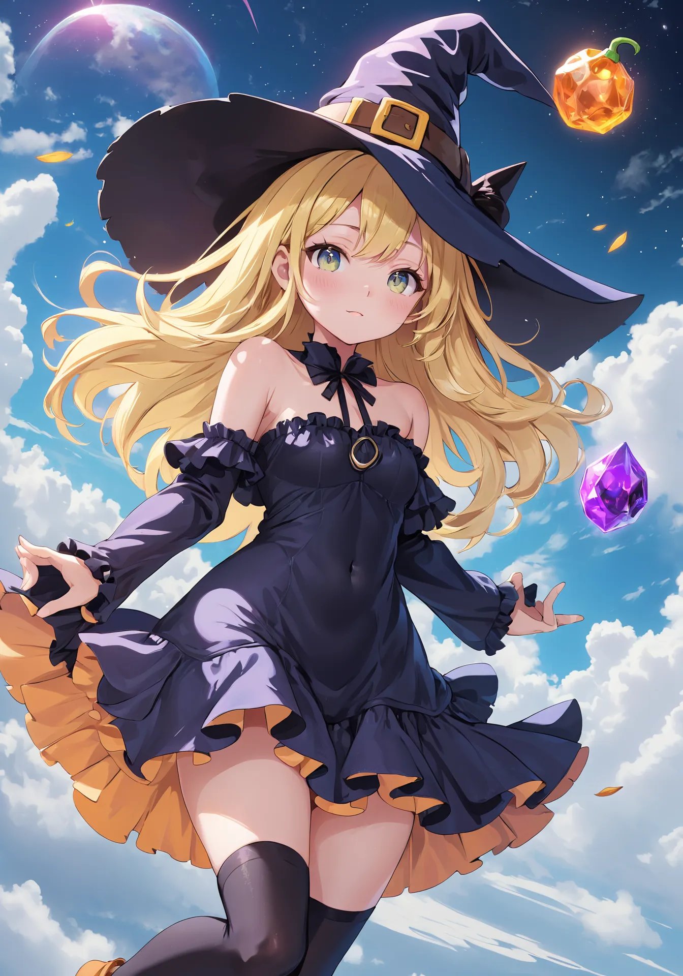 highres,best quality,natural, A psychedelic world spreads out below, Witch kawaii girl floating in the sky Wearing a witch hat Frilled fantasy costume Blonde straight hair