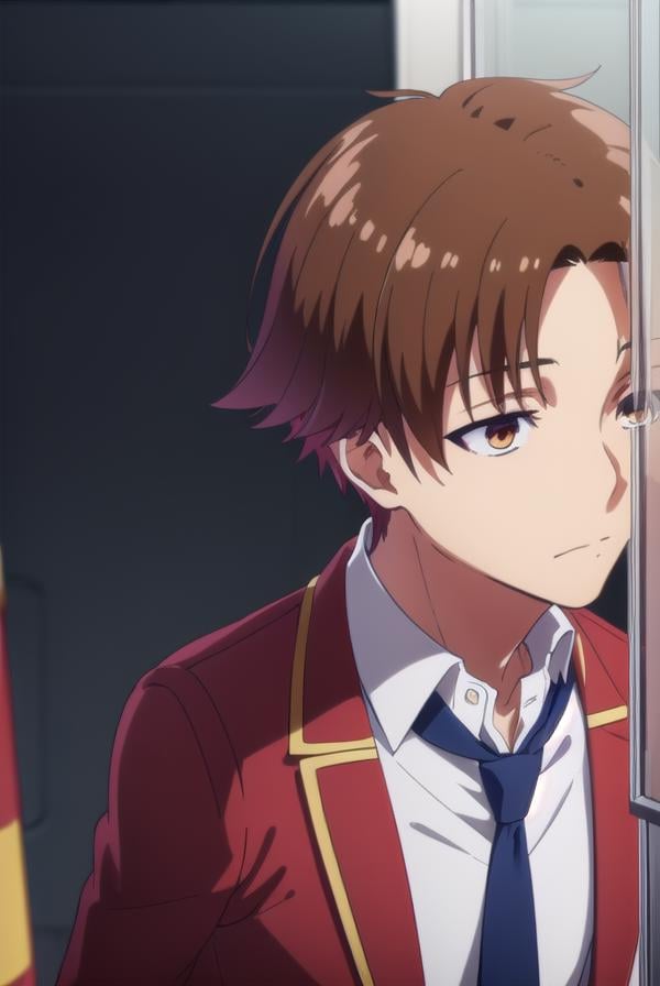 kiyotakaayanokouji, <lora:kiyotaka ayanokouji s2-lora-nochekaiser:1>,kiyotaka ayanokouji, brown hair, (brown eyes:1.5), male focus, (parted bangs:1.5), short hair,BREAK school uniform, jacket, necktie, blazer, blue necktie, shirt, white shirt, collared shirt, (red blazer:1.5),BREAK indoors, classroom,BREAK looking at viewer, (cowboy shot:1.5),BREAK <lyco:GoodHands-beta2:1>, (masterpiece:1.2), best quality, high resolution, unity 8k wallpaper, (illustration:0.8), (beautiful detailed eyes:1.6), extremely detailed face, perfect lighting, extremely detailed CG, (perfect hands, perfect anatomy),