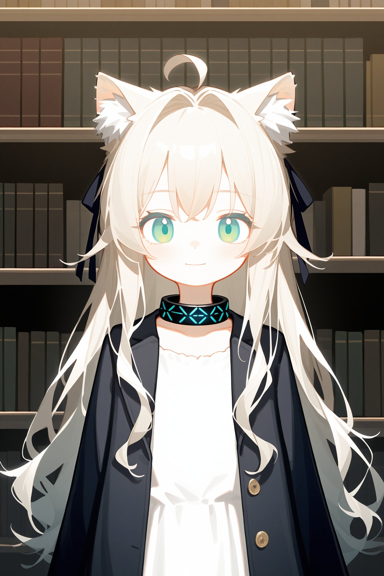 solo, long hair, 1girl, animal ears, looking at viewer, cat ears, upper body, indoors, infection monitor \(arknights\), hair ribbon, open clothes, bookshelf, jacket, ribbon, black jacket, closed mouth, black ribbon, open jacket, smile, green eyes, ahoge, dress, white dress, pink hair, shirt, book, aqua eyes, collar, collarbone, light brown hair, grey hair, long sleeves, white hair, blush, wavy hair, white shirt, straight-on, very long hair, cat girl, simple background, male focus, blonde hair, black collar, choker, animal ear fluff, hair intakes, coat, black coat, light smile, 1boy, window, expressionless, library