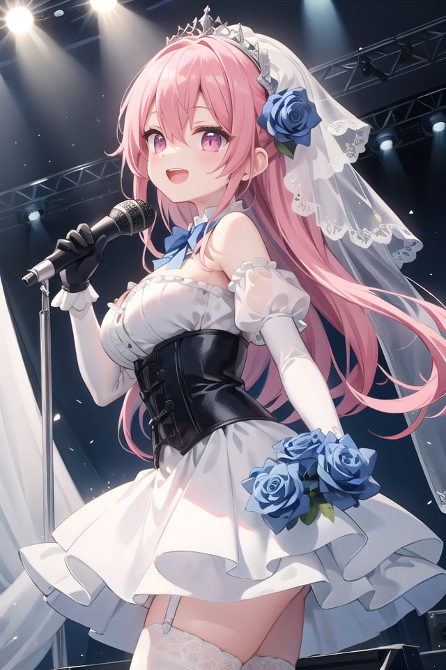 insanely detailed, absurdres, ultra-highres, ultra-detailed, best quality,1girl, solo, nice hands, perfect handsBREAK(nsfw:-1.5),(fusion of white mourning-dress and white wedding dress:1.2), (gothic dress:1.3), (light-blue and white theme:1.3), ((white mourning-veil, white see-through wedding-veil):1.5), ((white latex corset, light-blue breast-cup):1.4), (short puff-sleeve:1.3), ((white collar, tie-bow):1.3), ((ruffle-skirt, multilayer-skirt):1.4), ((stockings, garter belt):1.3), (see-through long gloves:1.3), (blue rose decoration on head:1.3), (high heels:1.1)BREAKhappy smile, laugh, open mouth, (standing, singing, dancing, holding microphone:1.4)BREAKfrom side,cute pose, cowboy shotBREAKslender, kawaii, perfect symmetrical face, ultra cute girl, ultra cute face, ultra detailed eyes, ultra detailed hair, ultra cute, ultra beautifulBREAKindoors, concert hall, idol live, crowded audienceBREAKmedium large breastsBREAKpink hair, pink eyes, chignon, hair between eyes