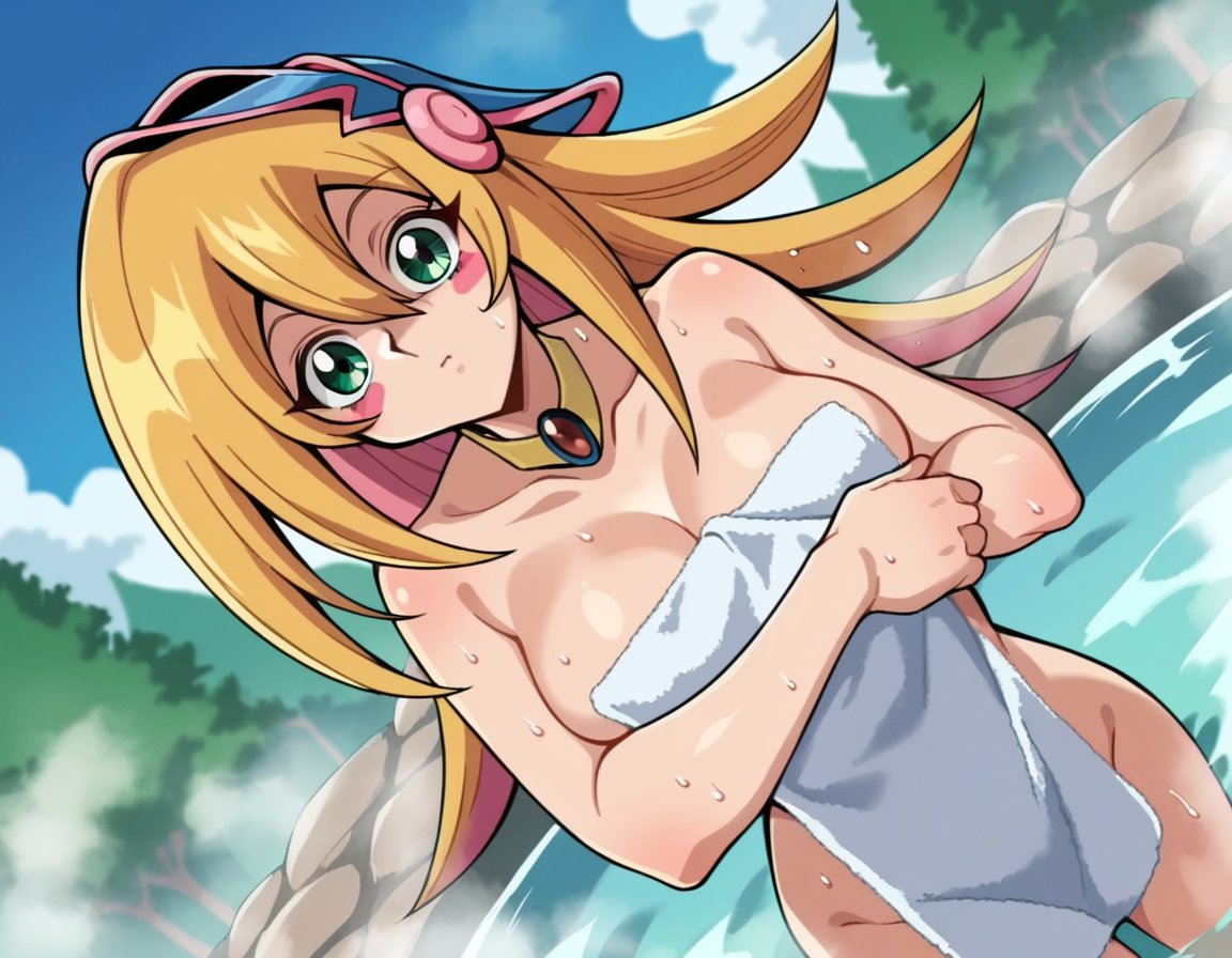 score_9, score_8_up, score_7_up, source_anime,darkmagiciangirl, <lora:dark-magician-girl-anime-ponyxl-lora-nochekaiser:1>dark magician girl, blonde hair, choker, green eyes, long hair, blush, blush stickers,nude, naked, outdoors, onsen, towel, naked towel, steam, bathing, nude cover, partially submerged, water, bath, steam censor, wet towel,looking at viewer, dutch angle, cowboy shot,