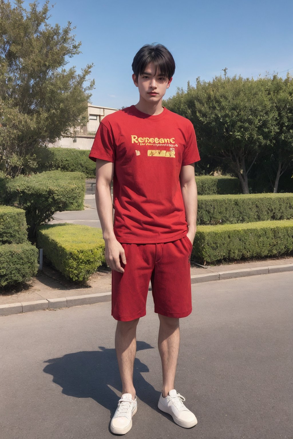 <lora:AgainMaleA3:1>, AgainMaleA3, 1boy, realistic, solo, looking at viewer, full body, red t-shirt, outdoors, 