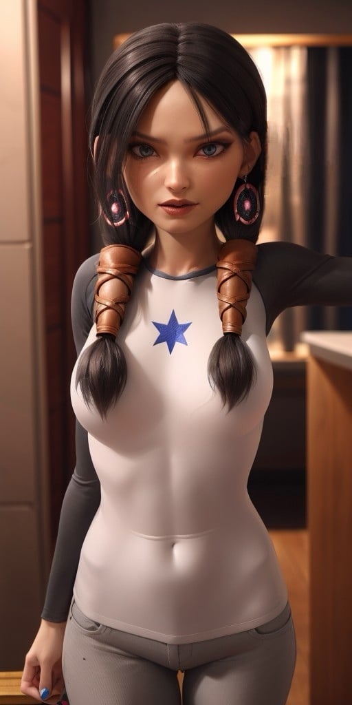 Hyperrealistic, photorealistic, super detailed, black hair, fifteen years old, expressive grey eyes, body like in real life, large pores, slender, light brown skin, beautiful arms, very little breasts, unreal engine, octane render, droped shadow, bokeh, cinematic lighting, <lora:add_detail:0.5>, <lora:Volumetric_lighting:0.6>, hair is parted down the middle braided at the sides and wrapped in leather, gray eyes, fingernails are painted with a metallic blue nail polish, eyebrows are sharply curved at the outer ends, Birth mark can be seen under her left eye, , <lora:4dcdfb52-dfd4-4bd7-9c48-948e4f9c3676:0.7>