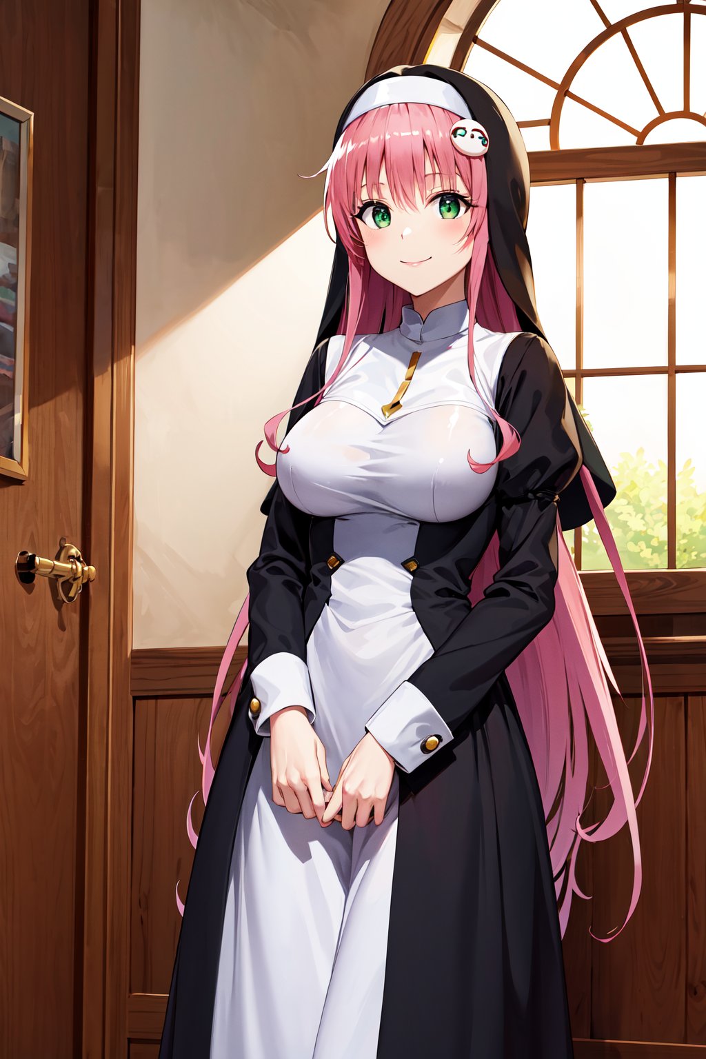 masterpiece, best quality, highres, aalala, long hair, ahoge, hair ornament, green eyes, breasts, <lora:lala_satalin_deviluke_v1:0.7>, standing, nun, habit, smile