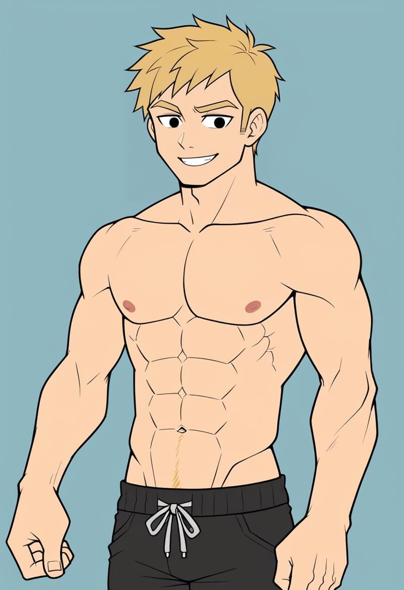 <lora:FlatColor:1.2> flat color, 1boy, muscular male, eyes, blonde hair, topless, smileBREAK 1girl, skinny, black hair, topless, small breasts, multiple people,