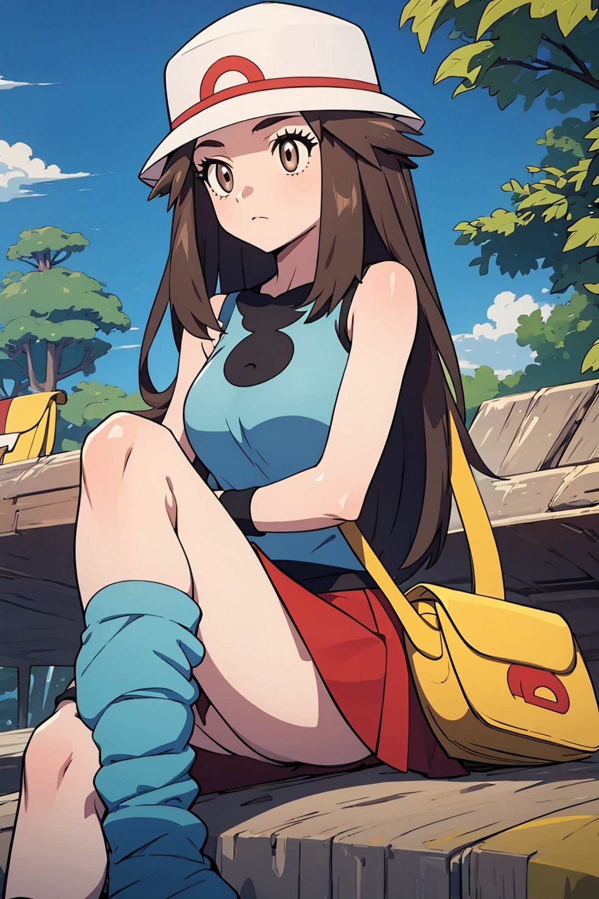 masterpiece, best quality,  <lora:LeafGen1:1> leafgen1, leaf (pokemon), 1girl, long hair, brown eyes, brown hair , bare arms, blue shirt, blue socks, hat, messenger bag, sleeveless shirt, loose socks, red skirt, shirt, skirt, sleeveless, white headwear, wristband, yellow bag, sitting on lap