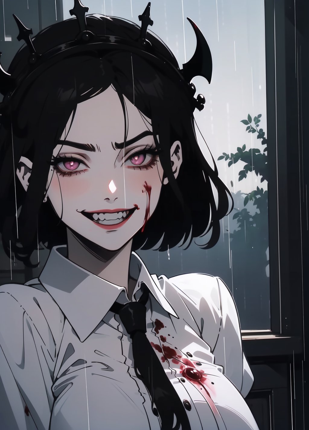 (outside, Forrest, raining, evening, soft light, dim lit, moody vibe), (insanely detailed, beautiful detailed face, masterpiece, best quality),  succubus,  demon girl,  mature female,  black hair,  pink eyes,  grin,  smirk,  black crown,  crown braid,  blood drooling from mouth,  vampire fangs,  white shirt,  blood stains