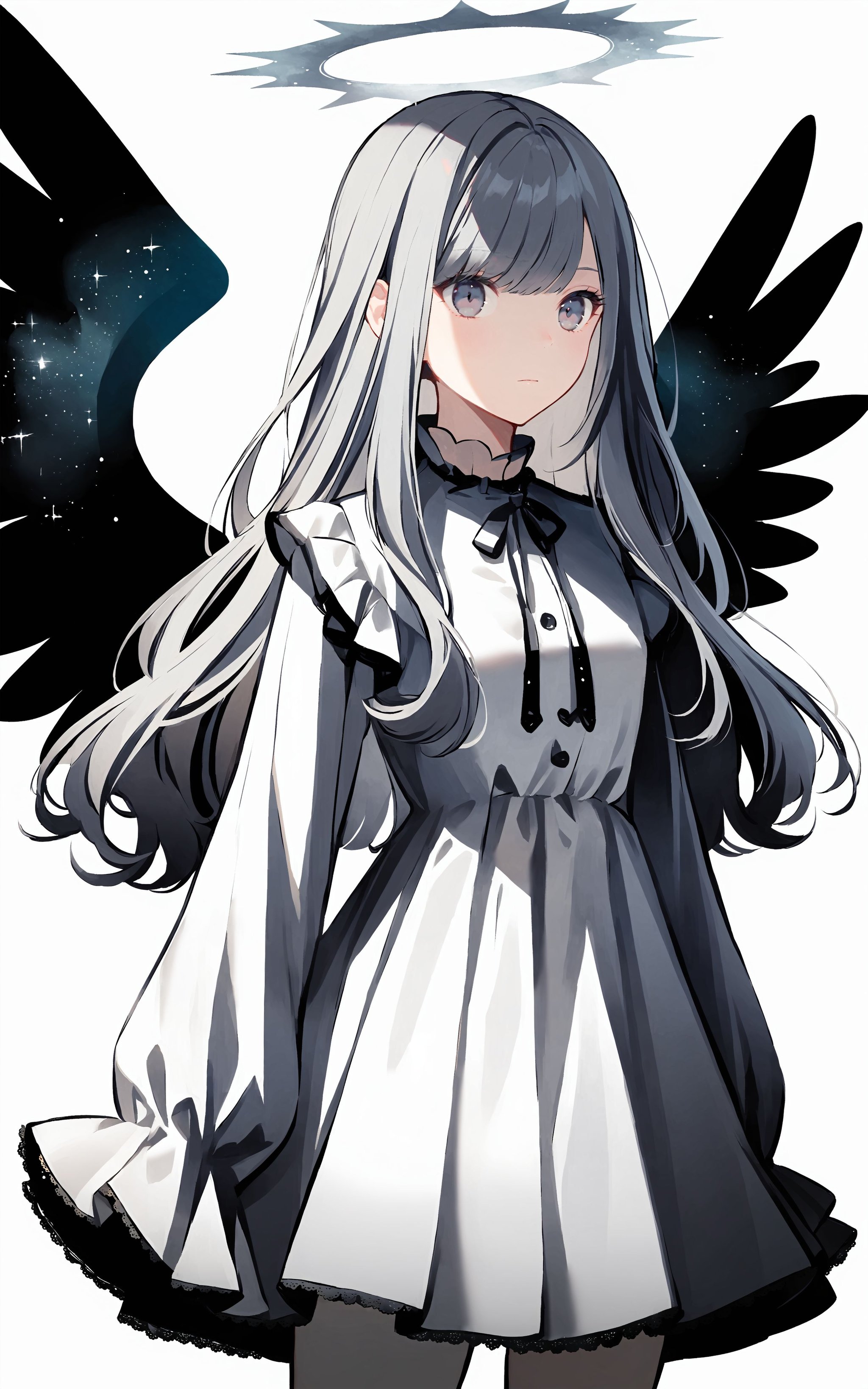 1girl, solo, halo, white background, dress, simple background, grey eyes, long hair, grey hair, long sleeves, sleeves past wrists, white dress, wings <lora:XLTEST 06:0.75>