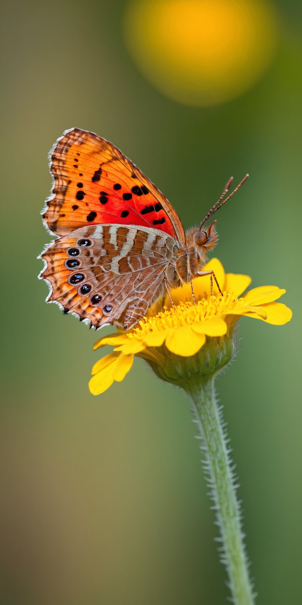 Polygonia C-Album Butterfly,perched on a vibrant flower,detailed,macro photography,natural lighting,Canon DSLR,high resolution,clear focus,vivid colors,minimalist background,soft bokeh,nature photography,8K UHD,<lora:HMSG微距蝴蝶XL-000010:1>,