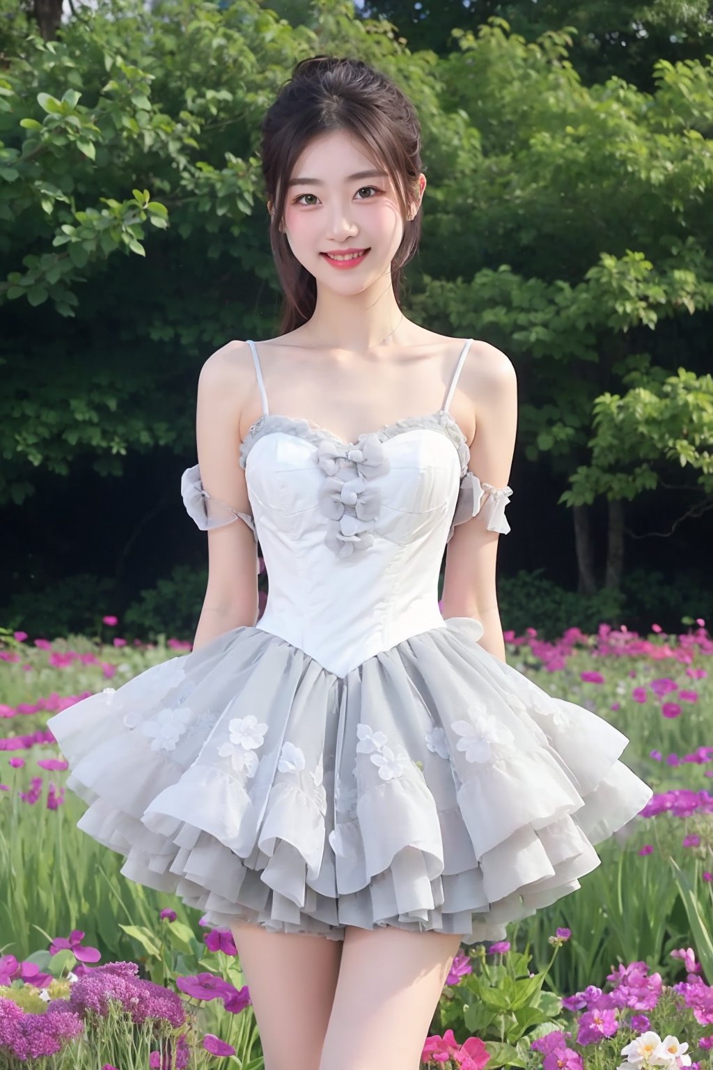 1girl,solo,looking_at_viewer,(arms_behind_back:1.2),(light gray princess dresses:1.1),smileFlower field<lora:EMS-345668-EMS:0.900000>