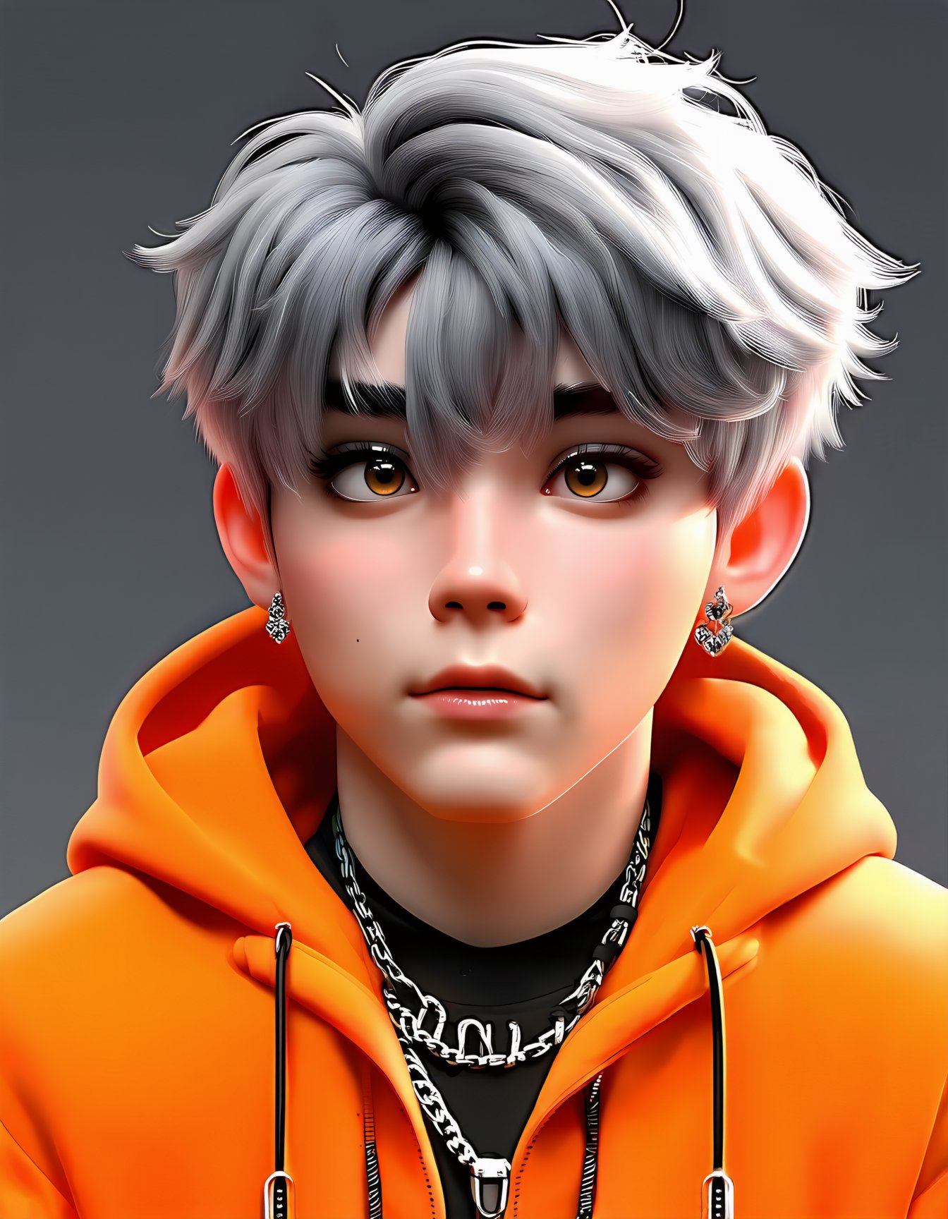 short hair, shirt, 1boy, jewelry, brown eyes, jacket, upper body, grey hair, male focus, earrings, hood, necklace, hoodie, orange jacket