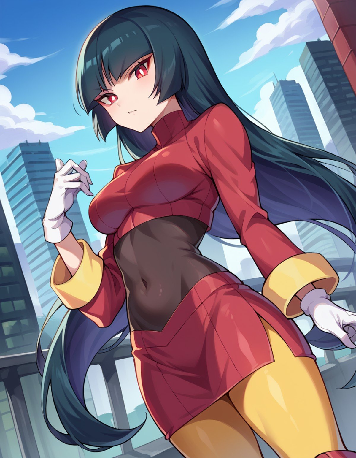 score_9, score_8_up, score_7_up, source_anime,pokemonsabrina, <lora:pokemon-sabrina-ponyxl-lora-nochekaiser:1>pokemonsabrina, black hair, long hair, bangs, blunt bangs, red eyes, hime cut, sidelocks, white pupils,jacket, crop top, bodysuit, covered navel, midriff, red jacket, turtleneck, side slit, gloves, white gloves, long sleeves, pantyhose, skirt, red skirt, boots, red boots, socks, yellow socks, knee socks,outdoors, cityscape,looking at viewer, cowboy shot, dutch angle,