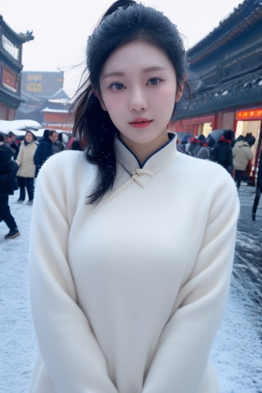 8K,UHD,simple background,(20-year-old China girl:1.5),1girl,idol,curvy,outdoor,the masses,snow,heavy snow,((real beauty) iu:0.6),medium breasts,<lora:ningyizhuo:1>,