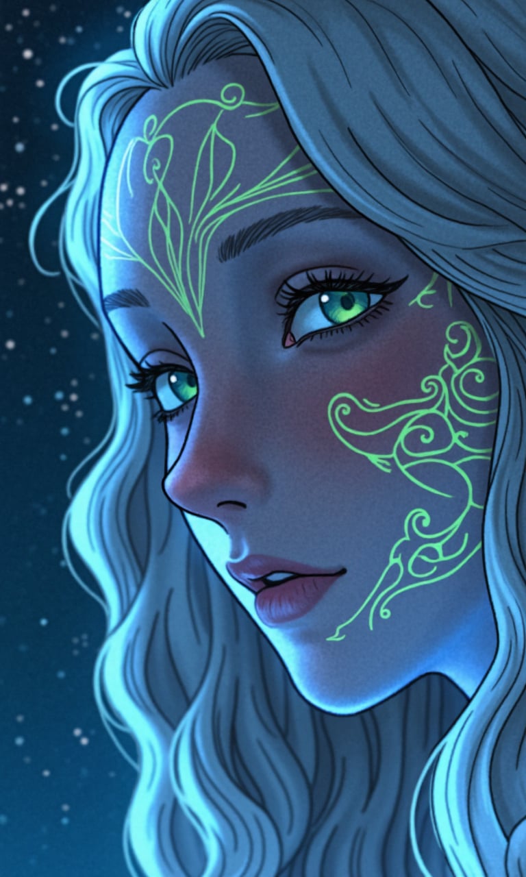 Create a close-up image of a fantasy elf’s face. Her skin glows with a soft, ethereal light and is adorned with neon tattoos that cover her face in intricate patterns. The tattoos emit a magical glow that illuminates her delicate features. Her eyes are large and bright, subtly changing between shades of blue and green, as if holding an ocean within them. Her long, silver hair frames her face, adding a touch of magic to the scene. The background features a starry sky that enhances the dreamy atmosphere , fantasy art