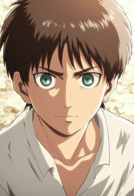 A detailed illustration of a younger Eren Yeager with short, messy brown hair. His green eyes are wide and full of intensity, reflecting his unwavering determination and desire to fight. His youthful features, sharp expression, and slightly unkempt hair give him a sense of raw energy and ambition