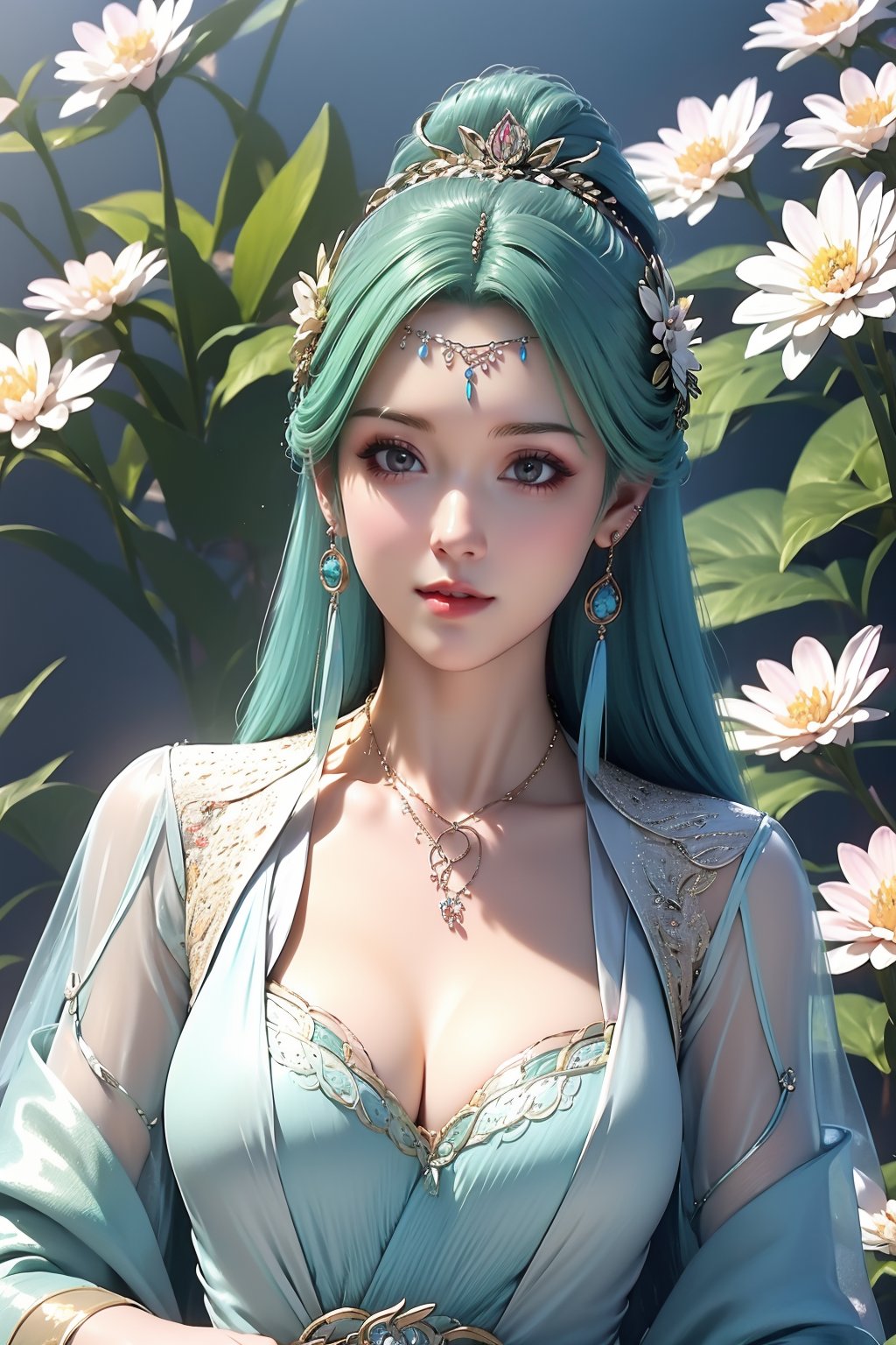 1girl, solo, dress, jewelry, long hair, sky, flower, hair ornament, necklace, earrings, breasts,