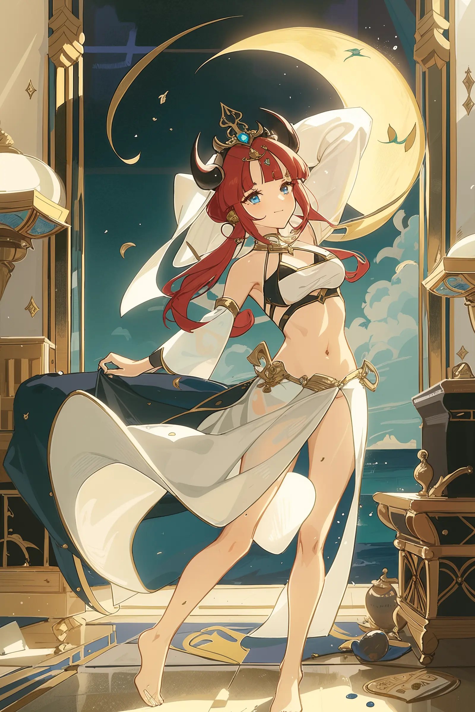 by caaaaarrot, 1girl, nilou (genshin impact), breasts, smile, horns, red hair, solo, veil, navel, long hair, looking at viewer, toenail polish, barefoot, bangs, harem outfit, long sleeves, arm up, fake horns, skirt, stomach, jewelry, brooch, blue nails, armpits, medium breasts, nail polish, toenails, dancer, twintails, detached sleeves, crop top, thighlet, blue eyes, closed mouth, puffy long sleeves, circlet, puffy sleeves, blue skirt, thighs, full body, parted bangs, bow, blue bow, toes, water, aqua eyes, low twintails, blue gemstone, sideboob