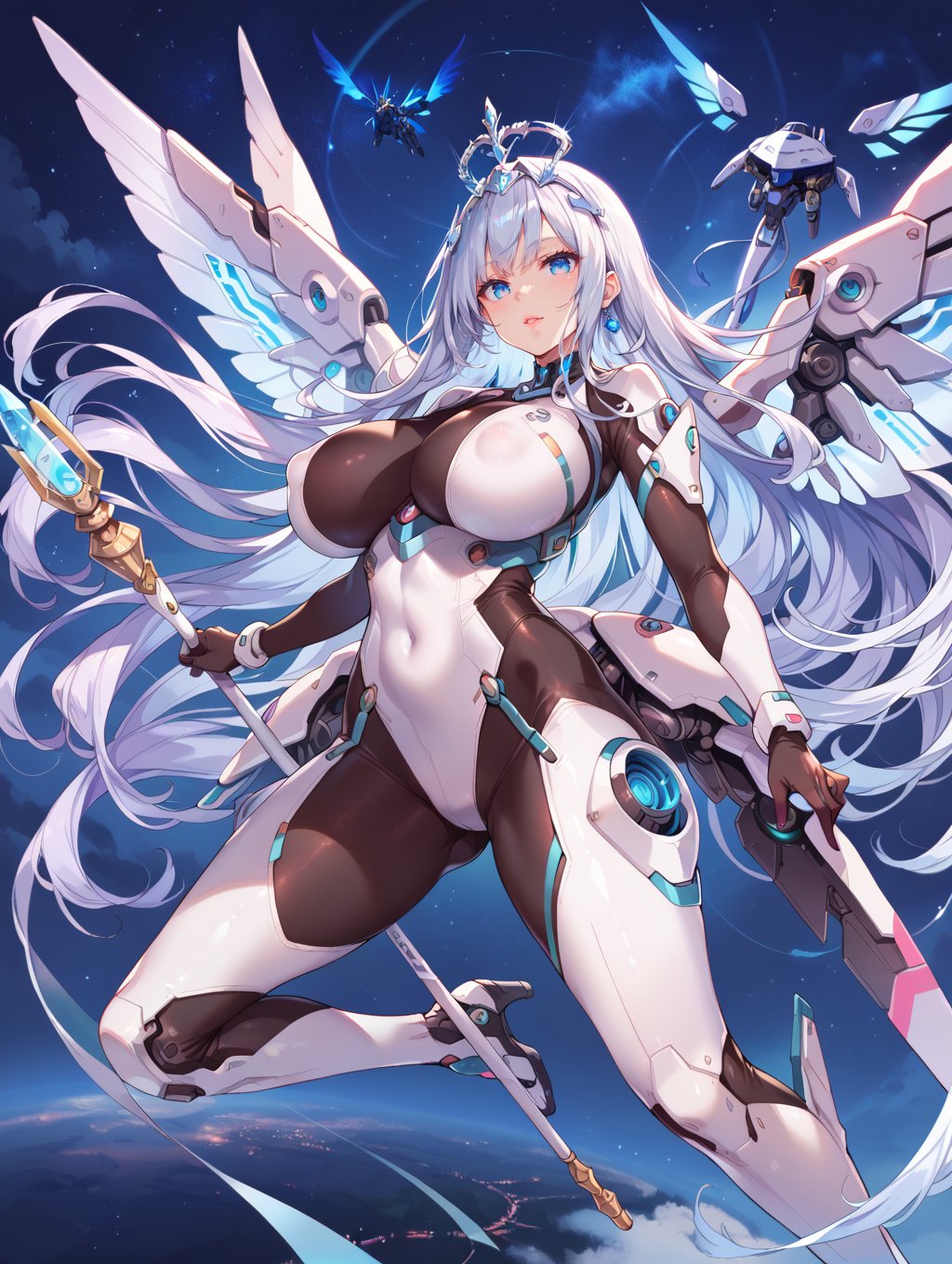 score_9, score_8_up, score_7_up,floating, night sky, mecha tiara, 1girl, angel, bodysuit, very long hair, floating hair,  mechanical tail,mechanical wings, huge breasts, covered nipples, glowing bodysuit, rgb lights,one hand holding staff, 