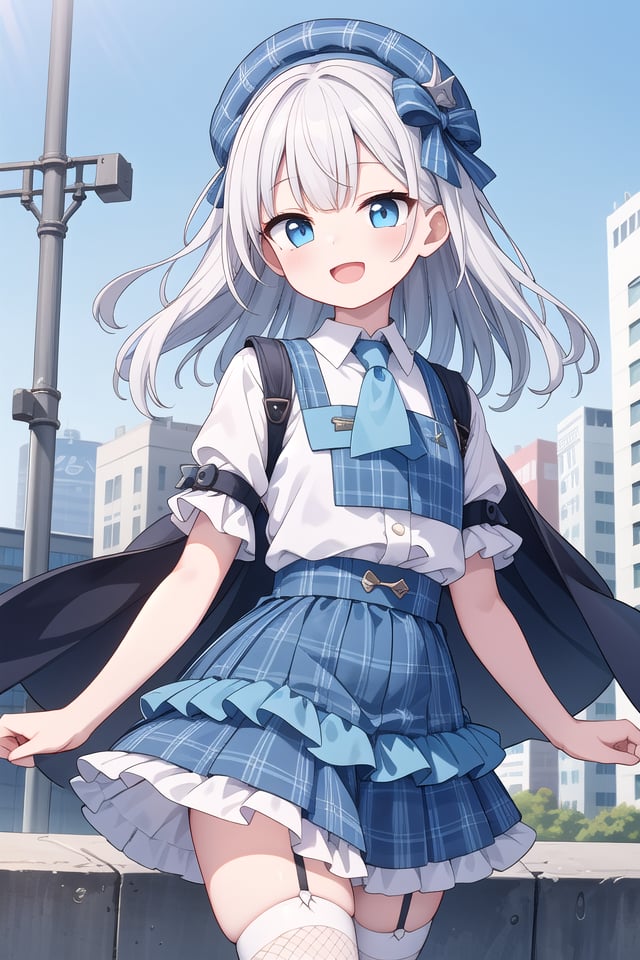 (cleavage:-1.5), insanely detailed, absurdres, ultra-highres, ultra-detailed, best quality,1girl, solo, nice hands, perfect hands,BREAK(gothic drress, Idol costume:1.3), (blue and white theme:1.2), (white blouse:1.4), (white collar, tie:1.3), (open short-cape:1.3), (short sleeve:1.2), (blue tartan-check pattern (ruffle-skirt, multilayer-skirt):1.4), (white basque-beret with ribbon:1.3), (Fishnet stockings:1.3), (glove:1.2), (cleavage:-1.5)BREAKhappy smile, laugh, open mouth,standing,own hands together,cowboy shot,BREAKslender, kawaii, perfect symmetrical face, ultra cute girl, ultra cute face, ultra detailed eyes, ultra detailed hair, ultra cute, ultra beautiful,BREAKcityscape in tokyo, ultra detailed background, blue sky, bay side, panorama view,medium breasts, white hair, blue eyes