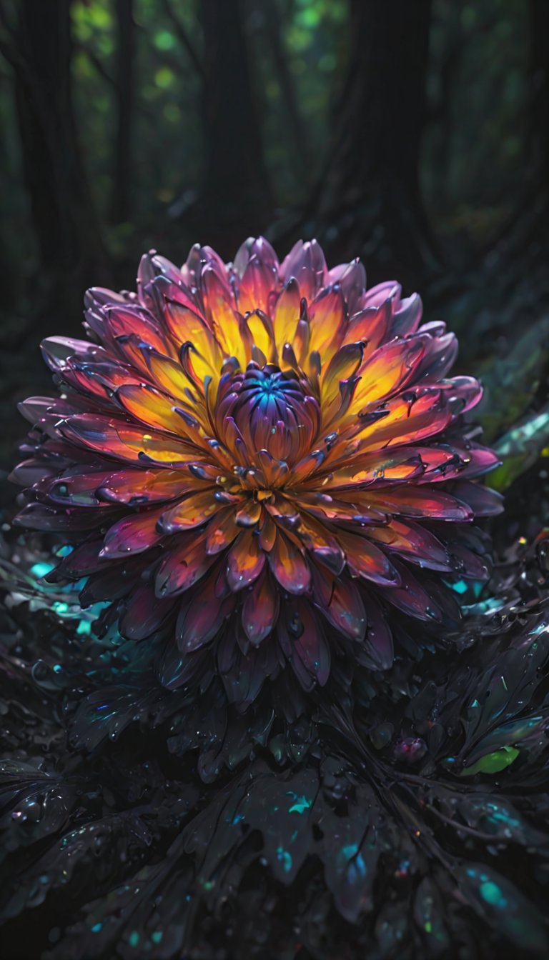 a flower, full body, colorful, dark noir, studio lighting, masterpiece, best quality, ray tracing reflection, sharp focus, shallow depth of field detailed forest background, realistic, 16k.  <lora:IOS_Iridescent_opal_style:0.8>