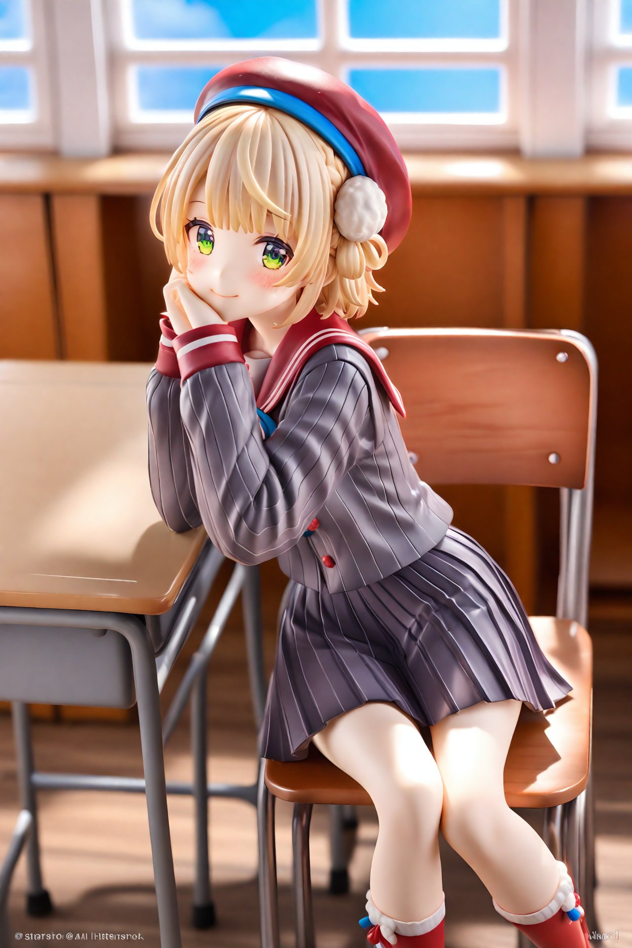 masterpiece,Realism,best quality,PVC Style, 1girl, shigure ui \(vtuber\), virtual youtuber, hair ornament, pom pom hair ornament, pom pom \(clothes\), solo, school desk, desk, hat, braid, short hair, skirt, striped skirt, beret, green eyes, classroom, striped clothes, looking at viewer, indoors, window, hair rings, red headwear, sitting, grey jacket, vertical-striped skirt, jacket, vertical-striped clothes, blurry, long sleeves, socks, blonde hair, red sailor collar, pinstripe pattern, striped jacket, grey skirt, light brown hair, closed mouth, vertical-striped jacket, french braid, school uniform, smile, sailor collar, shirt, blurry background, red socks, head rest, blush, twitter username, chair, school chair, watermark, day, pleated skirt, kneehighs,  <lora:HANS-PVC22-000021:1>