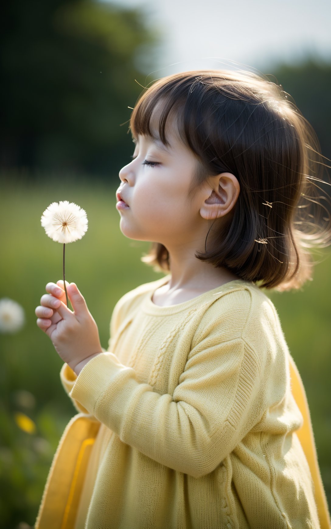 cover art,a little girl blowing a dandelion with her hands and looking at the dandelions in the air,1girl,solo,closed eyes,brown hair,short hair,child,blurry,blurry background,profile,holding,upper body,blowing,artist name,long sleeves,bangs,holding flower,from side,flower,,