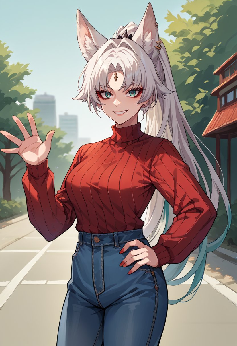 score_9, score_8_up, source_anime, 1girl, solo, FeiRND, animal ears, long hair, ponytail, multicolored hair, white hair, red eyeliner, ringed eyes, forehead mark, ear piercing, outdoors, sweater, ribbed sweater, jeans, hand on hip, waving at viewer, smile, <lora:ChamFeixiaoV2.3PonyXL:1>